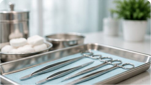 Sterile surgical instruments laid out on a tray