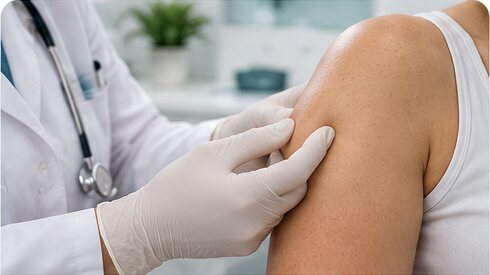 Clinician examining a patient's upper arm