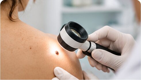 Clinician examining a mole on a patient's shoulder with a dermatoscope