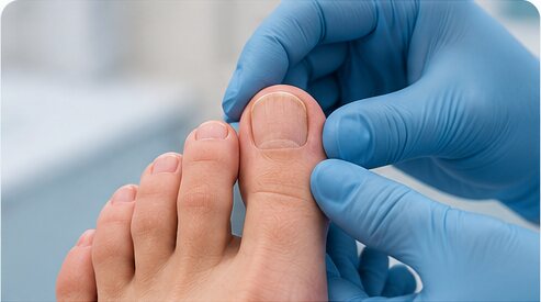 Clinician examining a patient's toenail