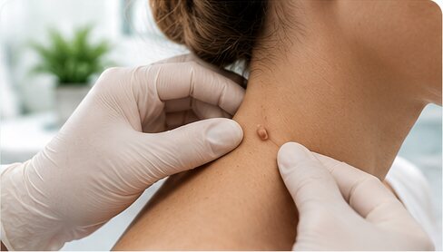Clinician examining a skin tag on a patient's neck