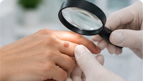 Clinician examining a wart on a patient's hand with a magnifier