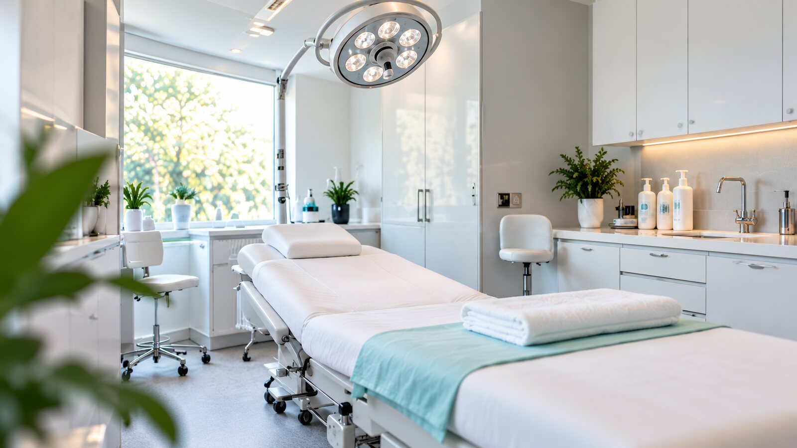 Bright, modern treatment room with a procedure couch, surgical light and clinical cabinetry